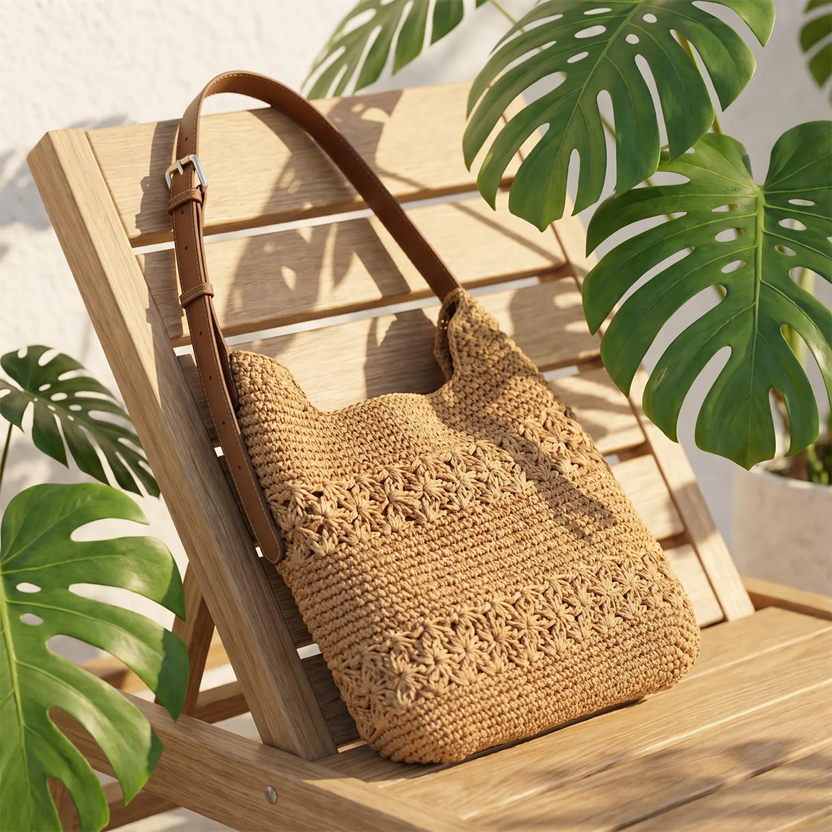 Woven Floral Tote Bag, Adjustable Shoulder Bag Strap Summer Bag