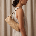 Apricot Woven Baguette Hobo Purse, Convertible Vintage Shoulder Bag