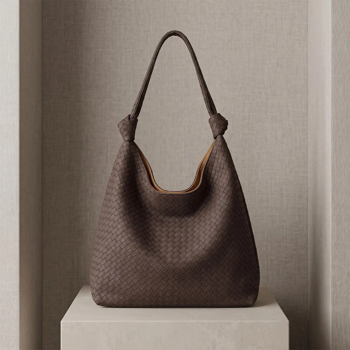 Coffee Minimal Woven Hobo Tote, Slouchy Shoulder Bag 2-Piece Set