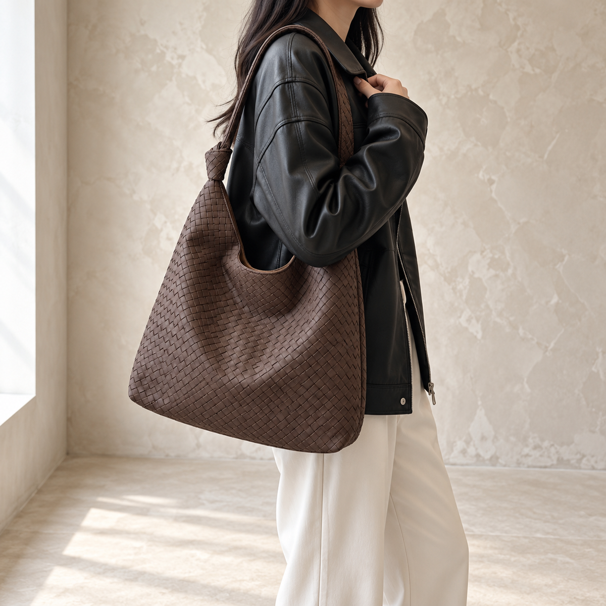 Coffee Minimal Woven Hobo Tote, Slouchy Shoulder Bag 2-Piece Set