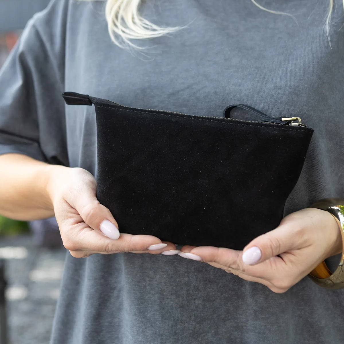 Black Suede Zipper Pouch, Portable Cosmetic & Clutch Bag Clutch Purse
