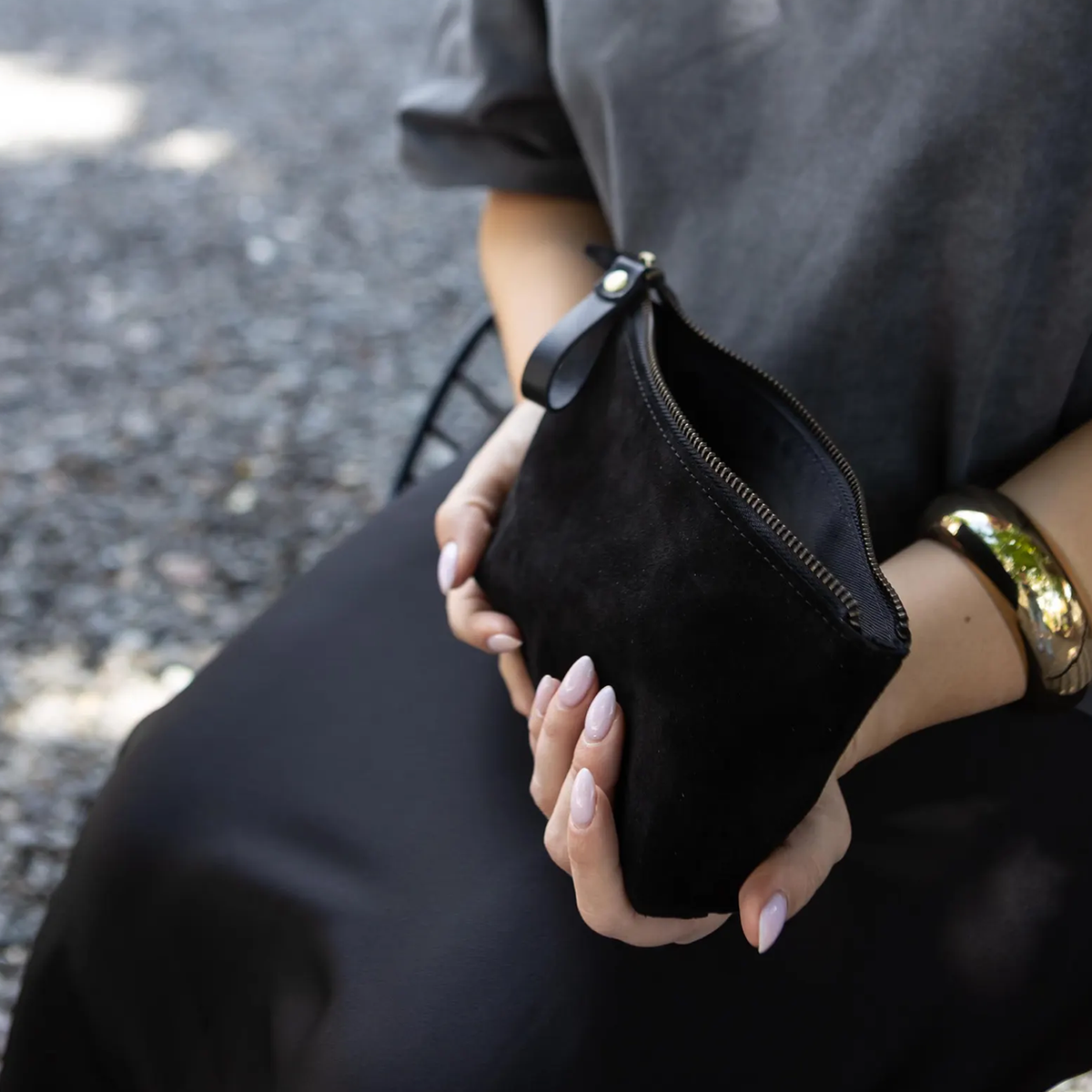 Black Suede Zipper Pouch, Portable Cosmetic & Clutch Bag Clutch Purse
