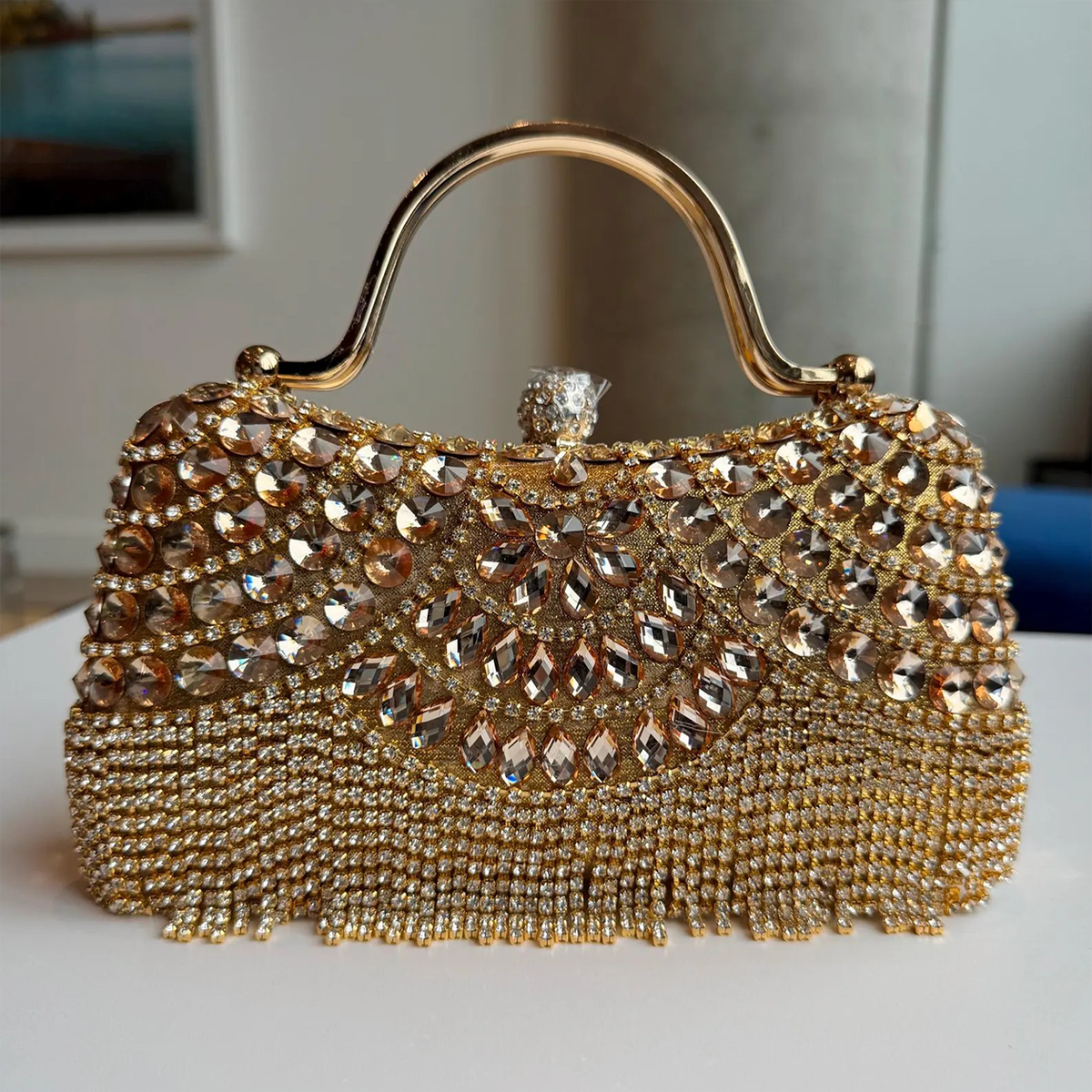 Gold Rhinestone Beaded Clutch, Formal Evening Hand Clutch Purse
